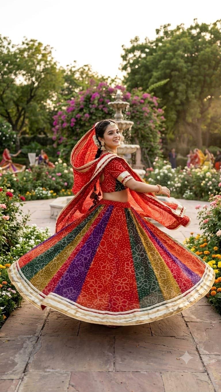 Royal Georgette Bandhani Lehenga with Gota Patti Work 3 A multi-colored Bandhani lehenga with a red dupatta and heavy gota patti border displayed on a mannequin in a traditional architectural setting.