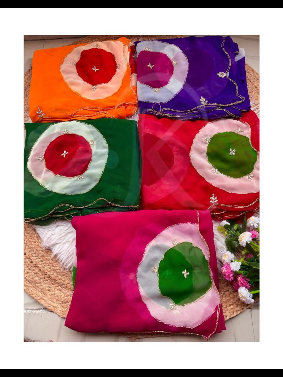 A collection of five colorful chiffon sarees with Ladoo print circles and handwork details.