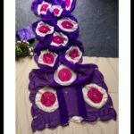 A collection of five colorful chiffon sarees with Ladoo print circles and handwork details.
