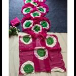 A collection of five colorful chiffon sarees with Ladoo print circles and handwork details.