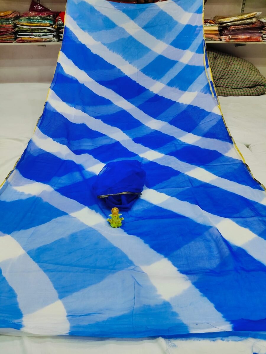 A beautiful blue and white double color Leheriya saree made of najmeen chiffon fabric with a gold piping border.