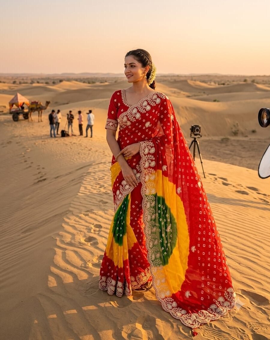 A woman posing in the desert wearing a vibrant red, yellow, and green Chunri Bandhani saree with intricate pita work.