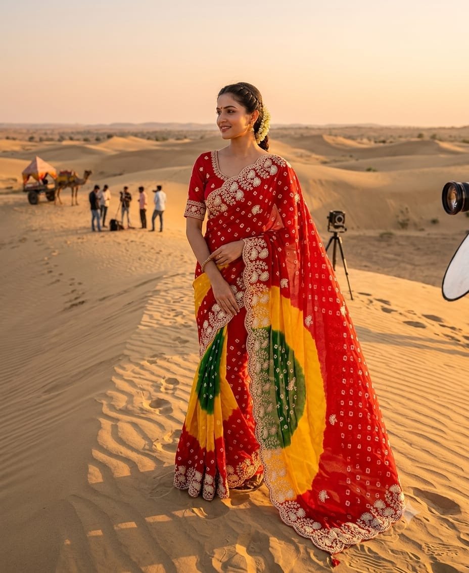 Chunri Bandhani Saree in Pure Georgette with Pita Work 1 A woman posing in the desert wearing a vibrant red, yellow, and green Chunri Bandhani saree with intricate pita work.