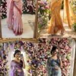 A collage showing four women wearing dual-shade ombre cosmos silk sarees with heavy c-pallu handwork and floral motifs.