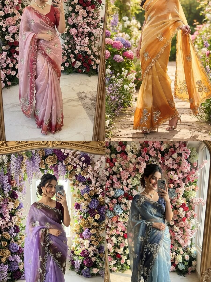 New Arrivals 39 A collage showing four women wearing dual-shade ombre cosmos silk sarees with heavy c-pallu handwork and floral motifs.