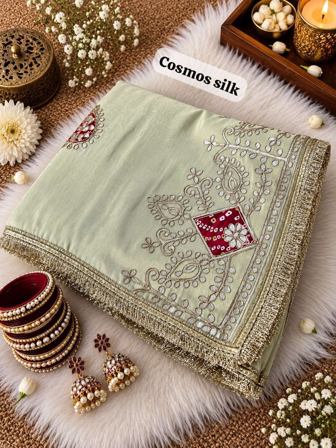Cosmos Silk Bandhej Saree with Gota Patti Work 2 A beautiful red Cosmos silk saree featuring heavy Gota Patti work and Bandhej patches, displayed with matching bangles and earrings.