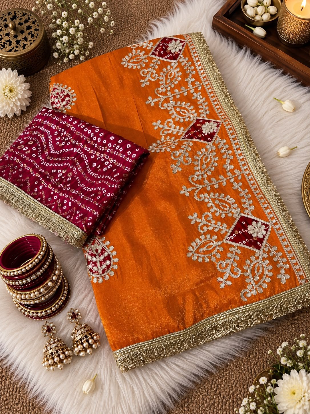 Cosmos Silk Bandhej Saree with Gota Patti Work 3 A beautiful red Cosmos silk saree featuring heavy Gota Patti work and Bandhej patches, displayed with matching bangles and earrings.