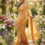 A collage showing four women wearing dual-shade ombre cosmos silk sarees with heavy c-pallu handwork and floral motifs.