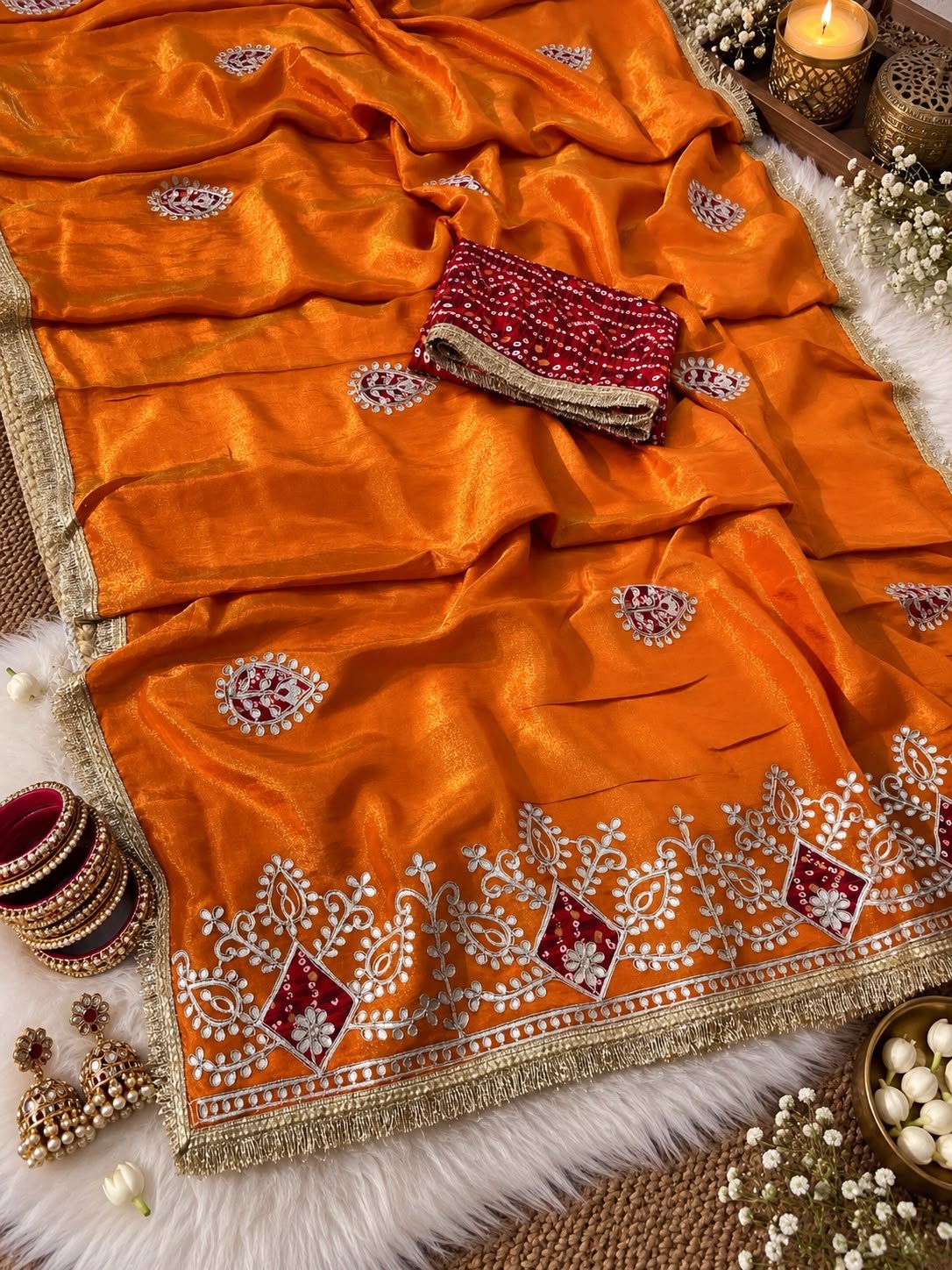 Cosmos Silk Bandhej Saree with Gota Patti Work 6 A beautiful red Cosmos silk saree featuring heavy Gota Patti work and Bandhej patches, displayed with matching bangles and earrings.