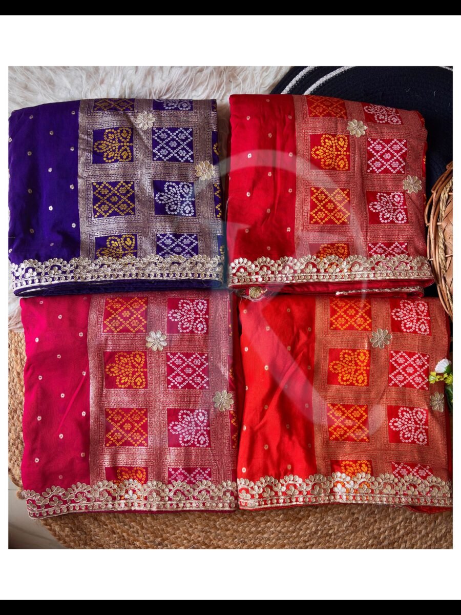 New Arrivals 27 Four folded Dola Viscose Bandhej sarees in vibrant colours featuring intricate Gota Patti borders and rich weaving.