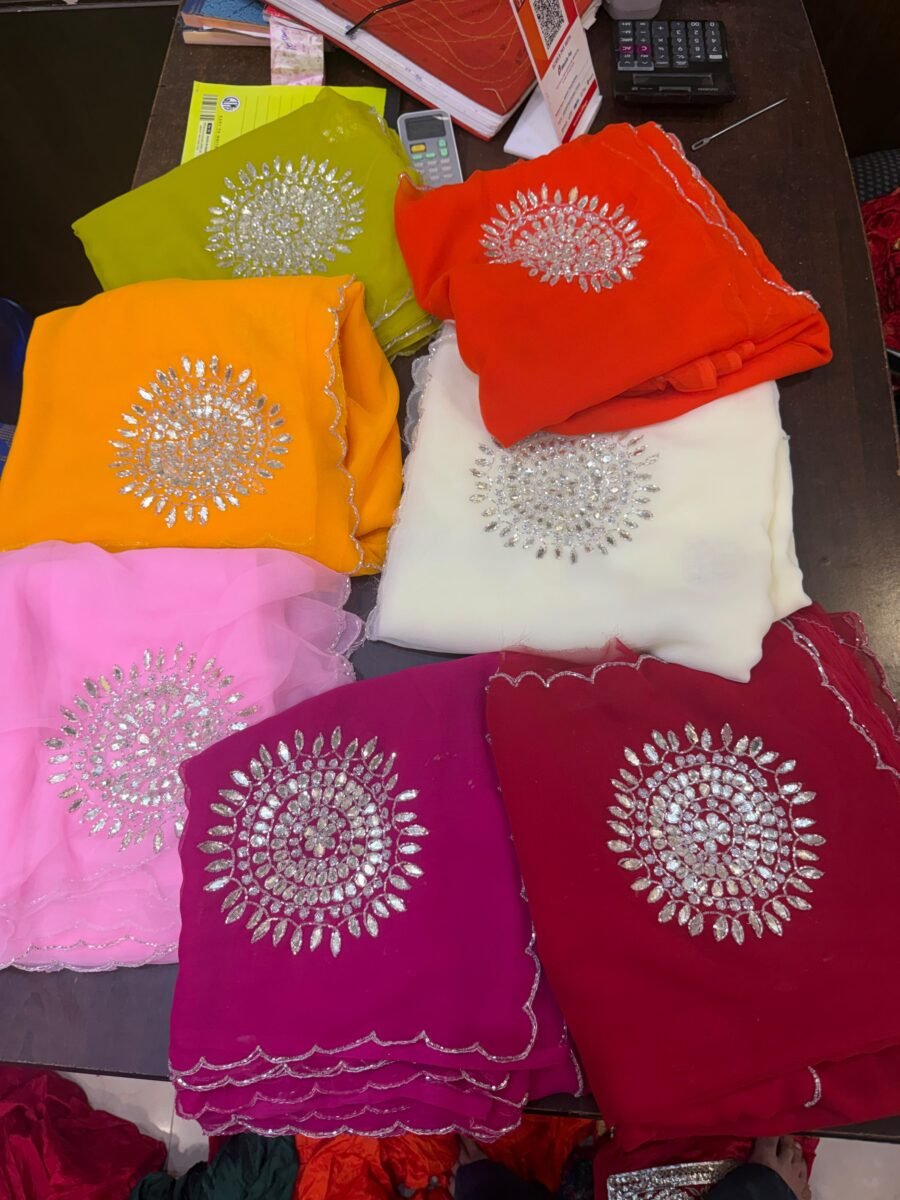 A beautiful collection of 60gm Georgette sarees in vibrant colors with detailed Gota Patti and katdana work.