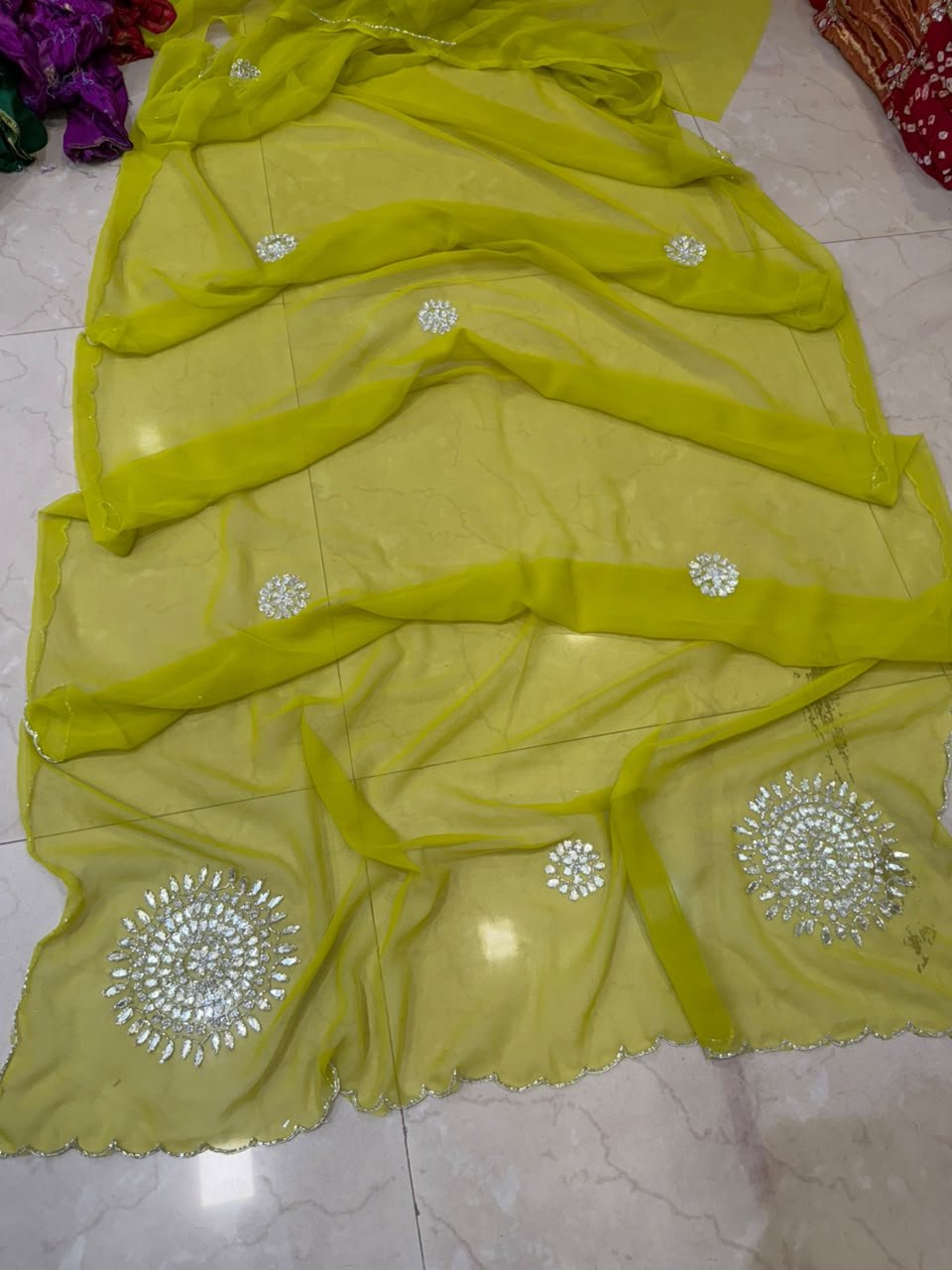 60gm Georgette Gota Patti Saree with Katdana Work 2 A beautiful collection of 60gm Georgette sarees in vibrant colors with detailed Gota Patti and katdana work.
