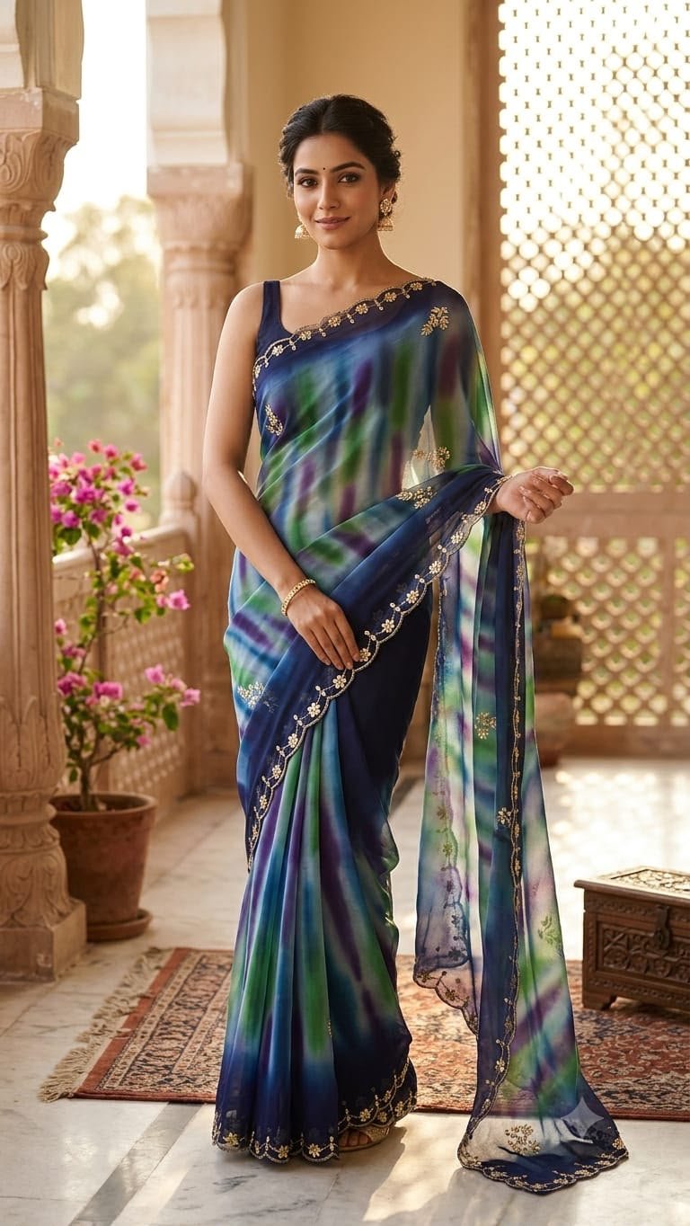 Designer Pure Georgette Saree with Dabka Gota Patti Work 3 A beautiful collection of multicolored georgette sarees with dabka gota patti work displayed on a table.