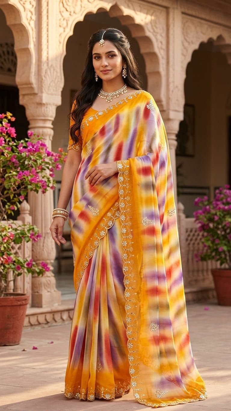 Designer Pure Georgette Saree with Dabka Gota Patti Work 5 A beautiful collection of multicolored georgette sarees with dabka gota patti work displayed on a table.