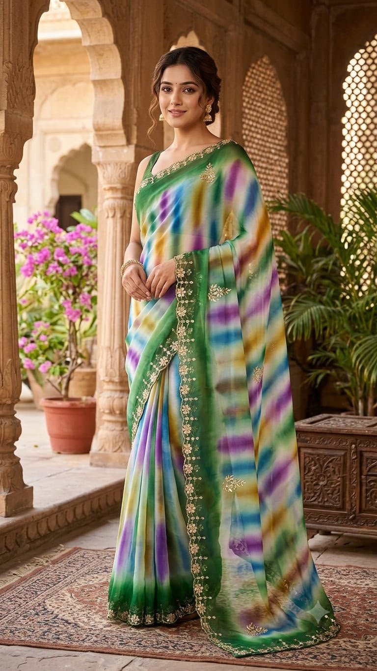 Designer Pure Georgette Saree with Dabka Gota Patti Work 6 A beautiful collection of multicolored georgette sarees with dabka gota patti work displayed on a table.