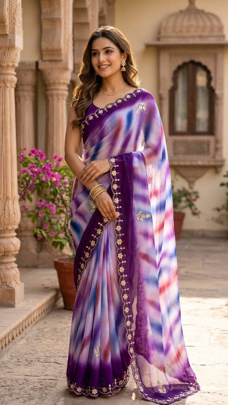 Designer Pure Georgette Saree with Dabka Gota Patti Work 8 A beautiful collection of multicolored georgette sarees with dabka gota patti work displayed on a table.