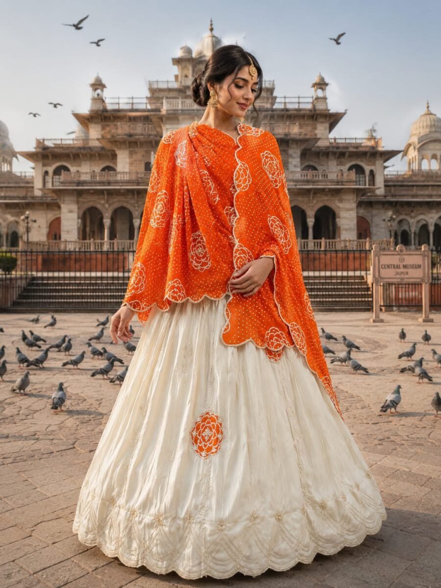 A woman wearing a vibrant orange and cream Gota Patti lehenga set stands in front of the Central Museum in Jaipur.