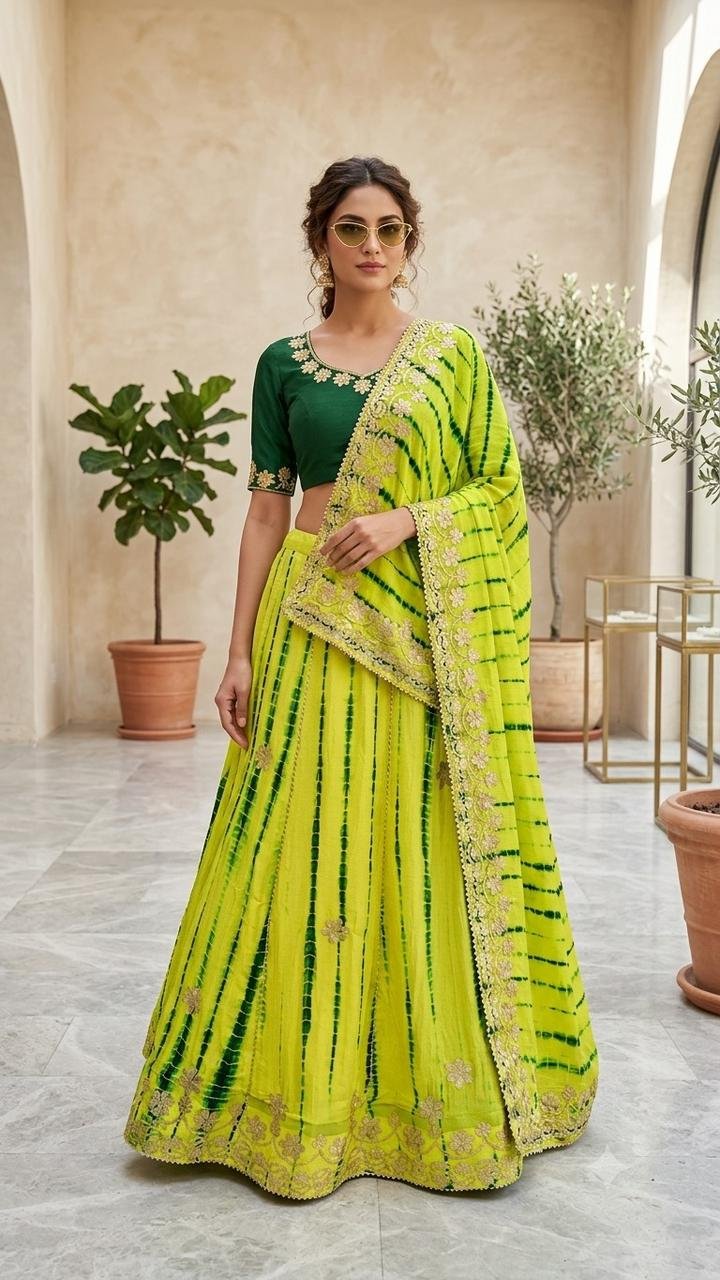 Gota Patti Lehenga | Bandhani Lehenga | Jaipuri Lehenga 2 A woman wearing a white and red shibori printed lehenga with heavy Aari Gota Patti work and a matching dupatta.