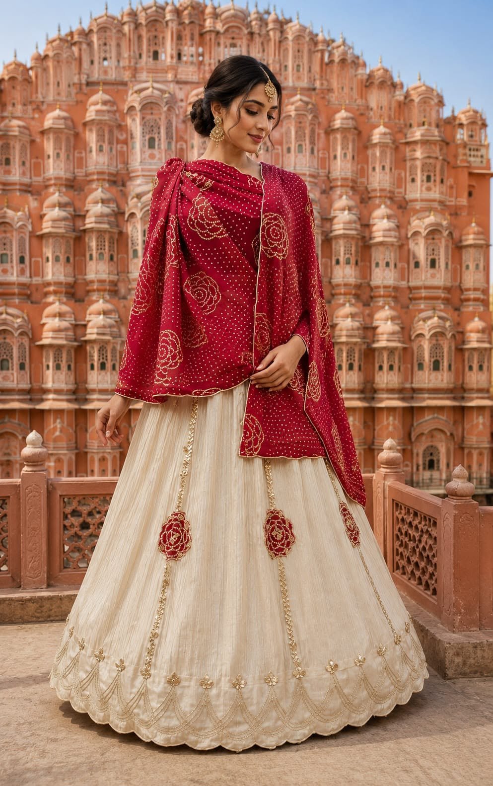 Gota Patti Lehenga in Pure Cosmos Silk 2 A woman wearing a vibrant orange and cream Gota Patti lehenga set stands in front of the Central Museum in Jaipur.