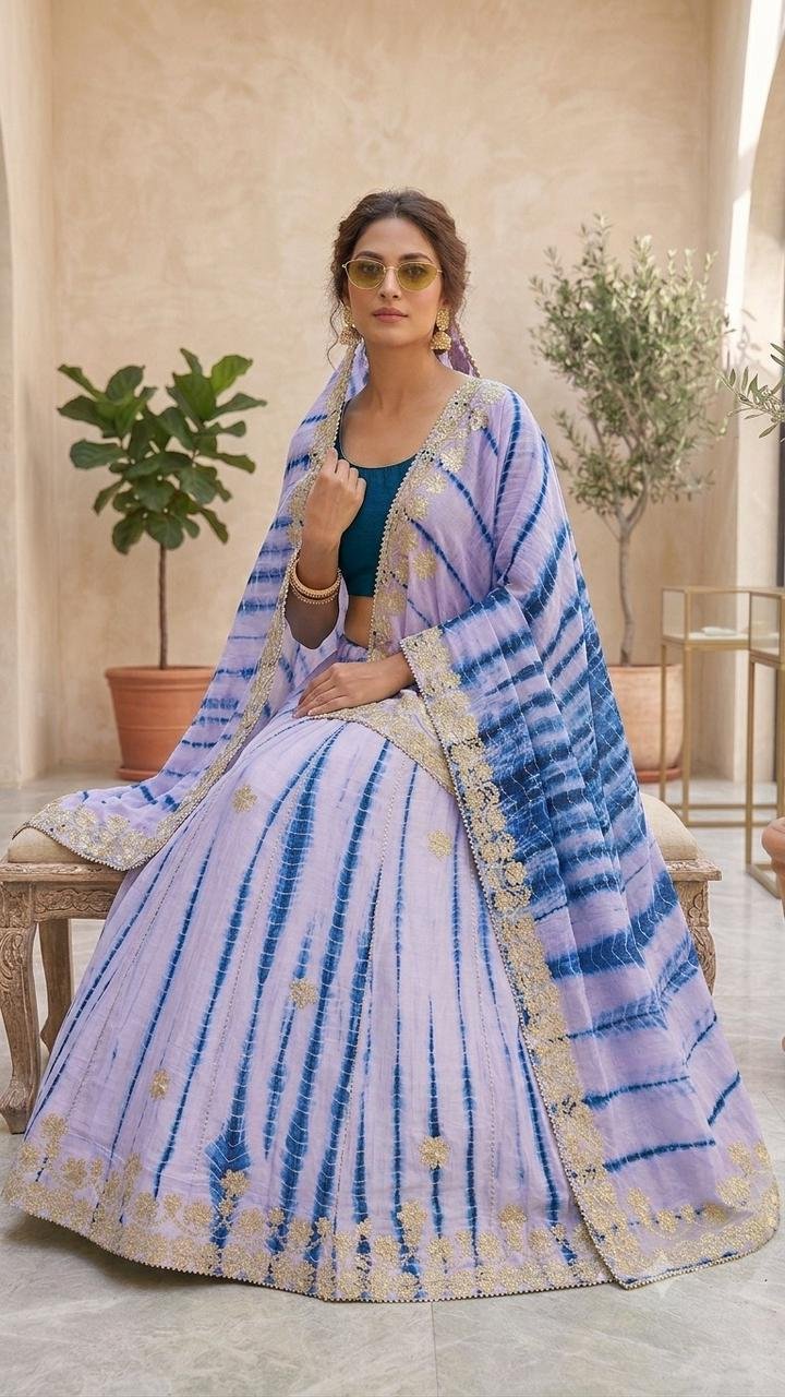 Gota Patti Lehenga | Bandhani Lehenga | Jaipuri Lehenga 5 A woman wearing a white and red shibori printed lehenga with heavy Aari Gota Patti work and a matching dupatta.