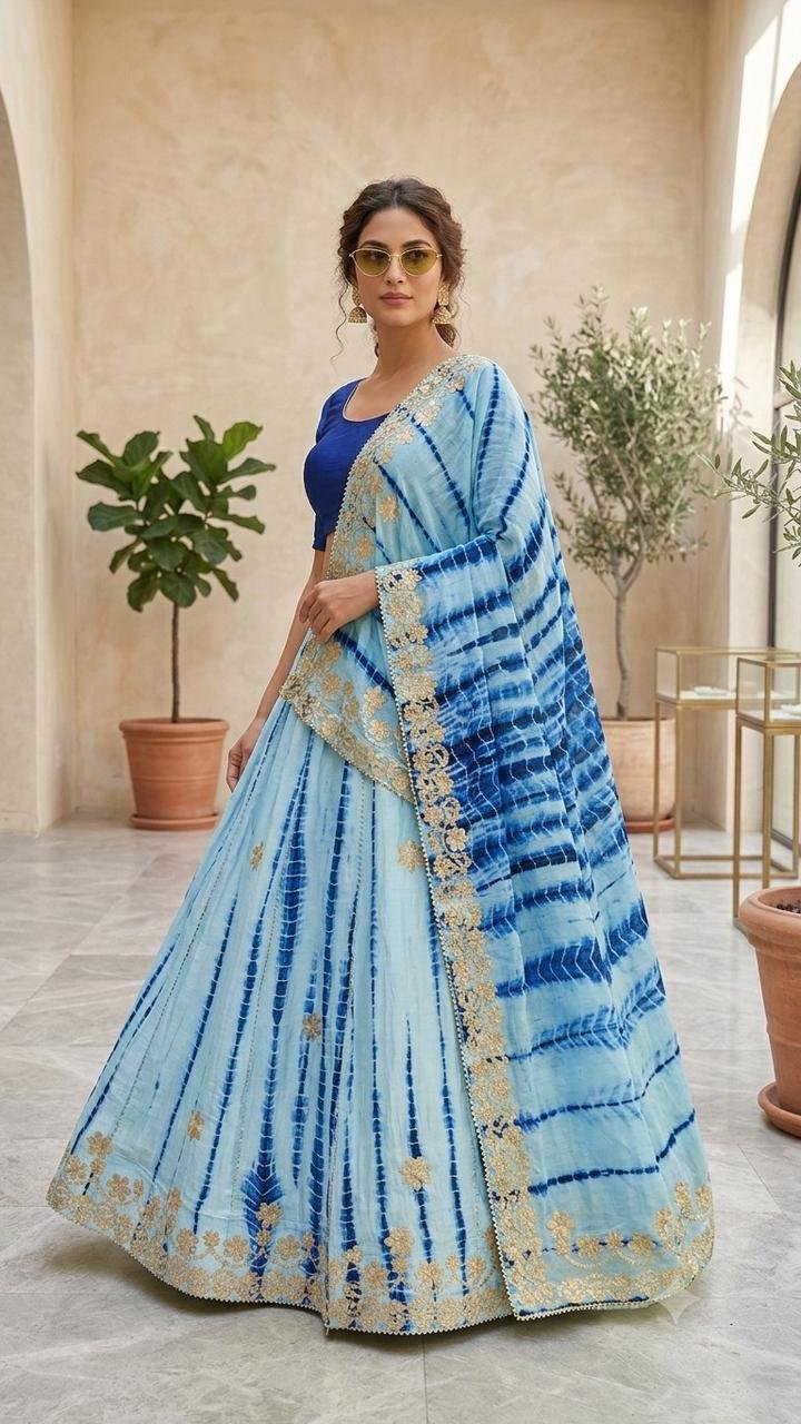 Gota Patti Lehenga | Bandhani Lehenga | Jaipuri Lehenga 6 A woman wearing a white and red shibori printed lehenga with heavy Aari Gota Patti work and a matching dupatta.