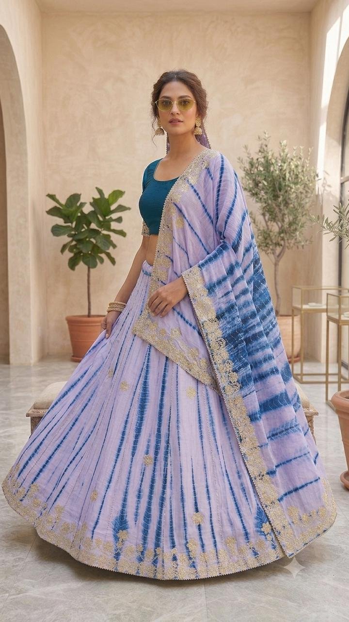 Gota Patti Lehenga | Bandhani Lehenga | Jaipuri Lehenga 7 A woman wearing a white and red shibori printed lehenga with heavy Aari Gota Patti work and a matching dupatta.
