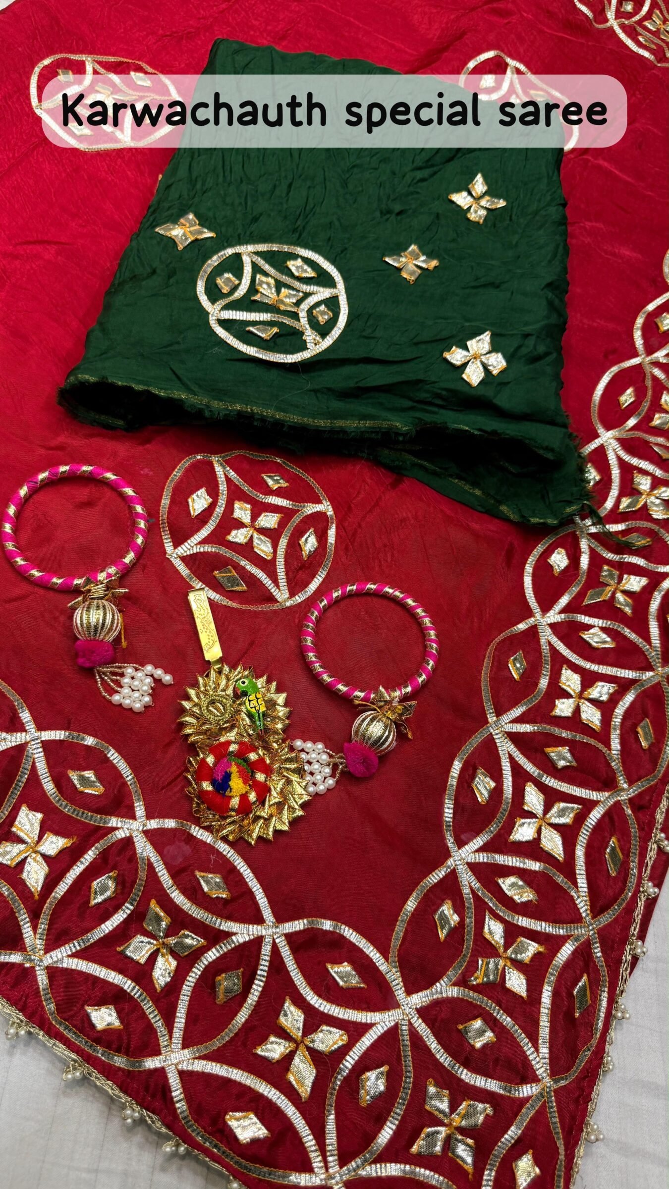 Pure HO Silk Gota Patti Saree for Karwachauth 1 A red pure silk saree with heavy hand-worked Gota Patti borders, accompanied by handmade Kangan and a traditional Kamar Satka.