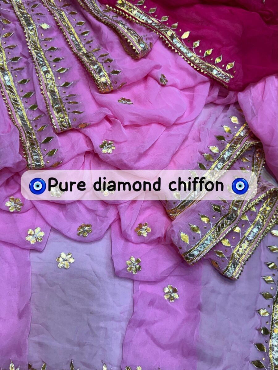 A beautiful pink designer pure diamond chiffon saree featuring intricate gold Gota Patti work and a matching bijiya border.