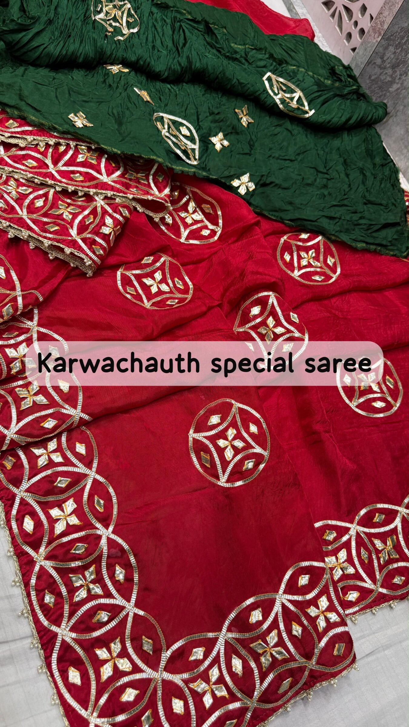 Pure HO Silk Gota Patti Saree for Karwachauth 3 A red pure silk saree with heavy hand-worked Gota Patti borders, accompanied by handmade Kangan and a traditional Kamar Satka.
