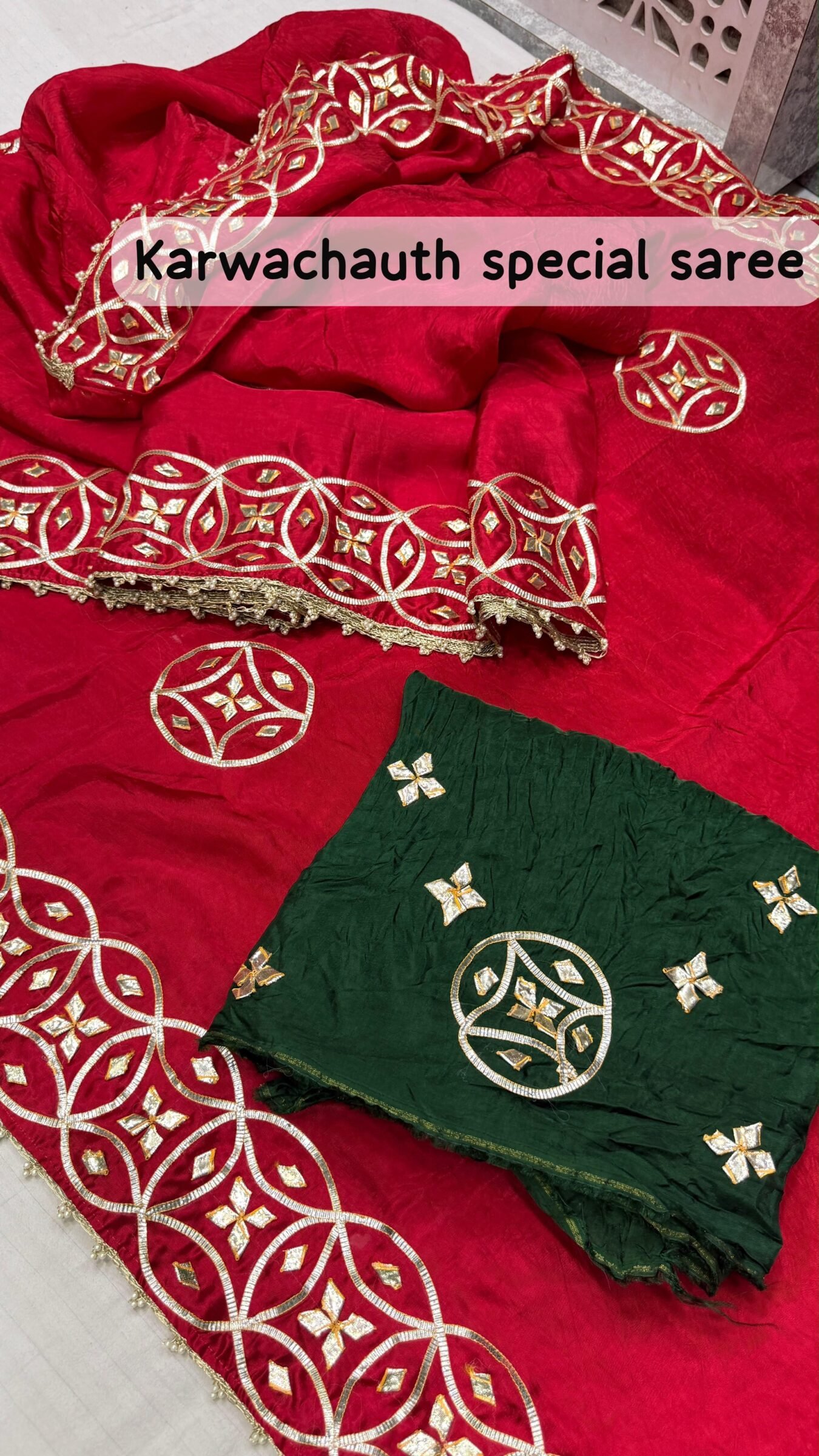 Pure HO Silk Gota Patti Saree for Karwachauth 5 A red pure silk saree with heavy hand-worked Gota Patti borders, accompanied by handmade Kangan and a traditional Kamar Satka.
