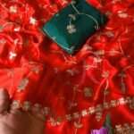 A vibrant purple moss chiffon saree featuring gold gota patti jaal work and a scalloped cutwork border.