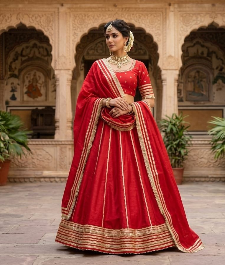A beautiful woman posing in a vibrant red Jaipuri lehenga choli with detailed Gota Patti work.
