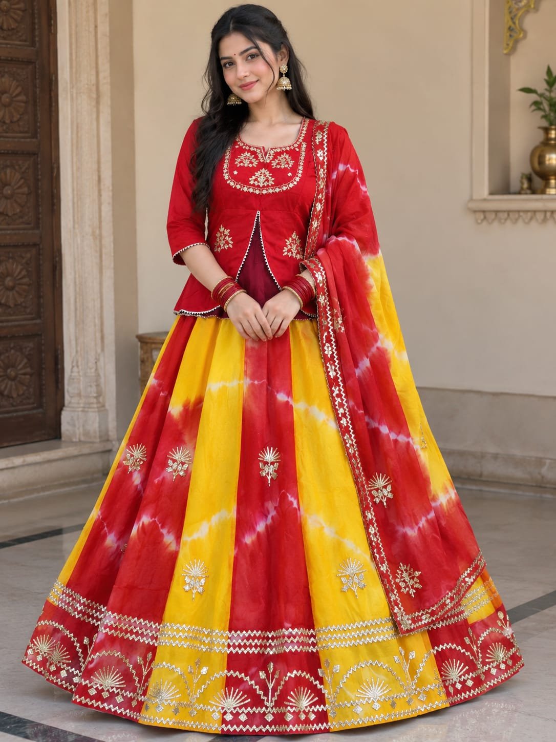 Jaipuri Lehenga with Gota Patti Work in Chinon Silk 10 A woman posing in a blue and sky blue tie-dye pattern Chinon silk lehenga set with intricate Gota Patti handwork on a peplum blouse.