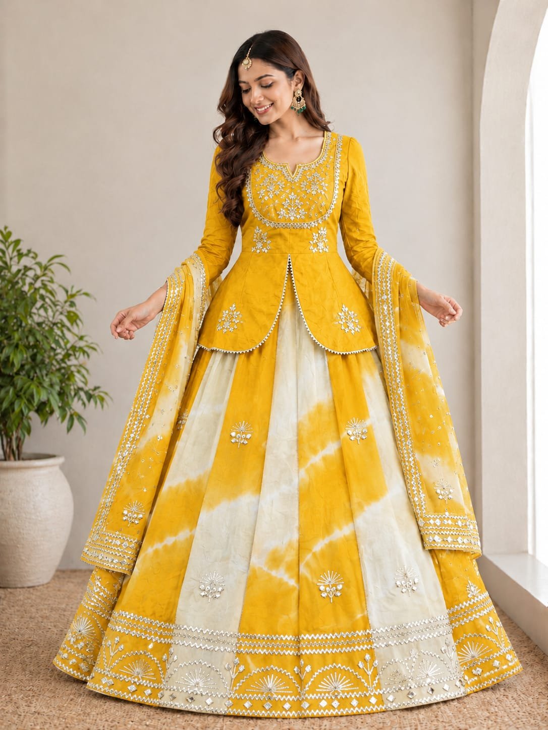 Jaipuri Lehenga with Gota Patti Work in Chinon Silk 3 A woman posing in a blue and sky blue tie-dye pattern Chinon silk lehenga set with intricate Gota Patti handwork on a peplum blouse.
