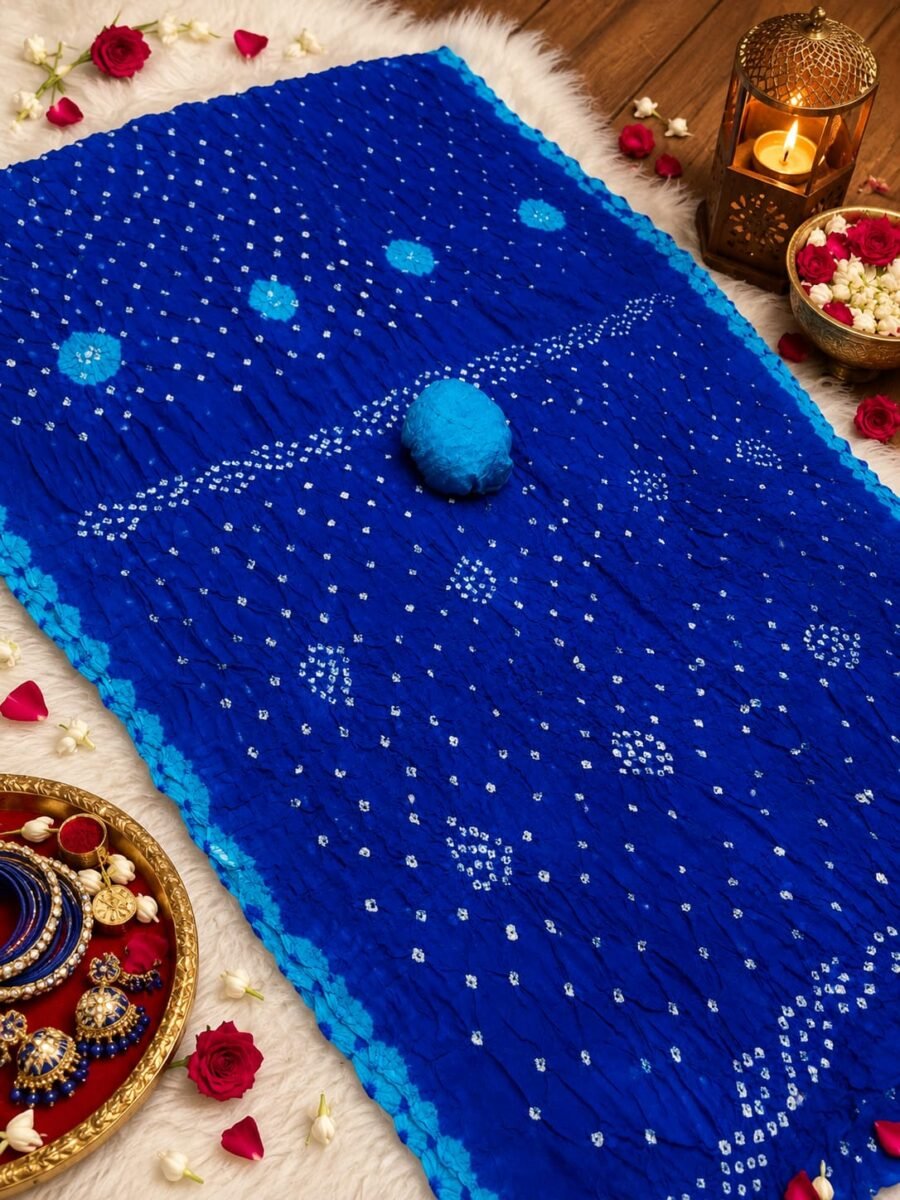 A beautiful bright blue Jodhpuri Bandhani saree made of Nazneen chiffon displayed with traditional decor, flowers, and bangles.