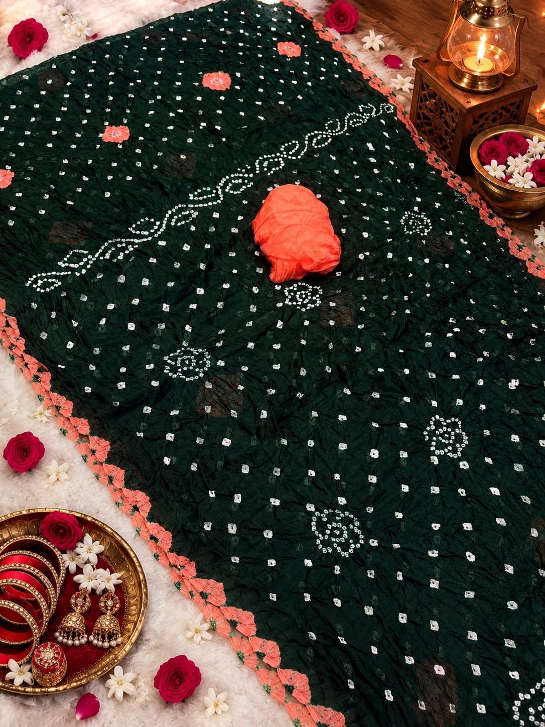 Jodhpuri Bandhani Saree in Nazneen Chiffon 3 A beautiful bright blue Jodhpuri Bandhani saree made of Nazneen chiffon displayed with traditional decor, flowers, and bangles.