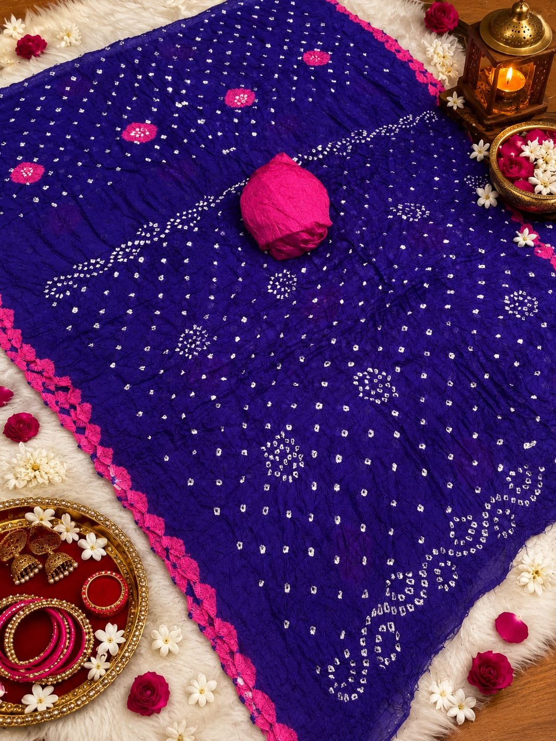 Jodhpuri Bandhani Saree in Nazneen Chiffon 5 A beautiful bright blue Jodhpuri Bandhani saree made of Nazneen chiffon displayed with traditional decor, flowers, and bangles.