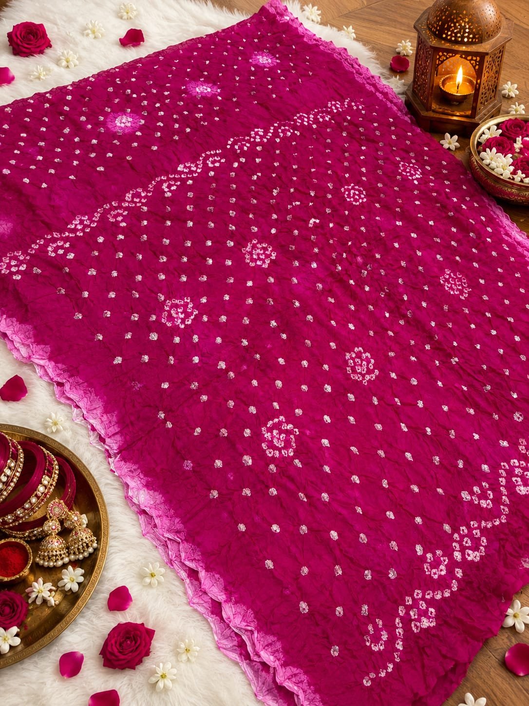 Jodhpuri Bandhani Saree in Nazneen Chiffon 6 A beautiful bright blue Jodhpuri Bandhani saree made of Nazneen chiffon displayed with traditional decor, flowers, and bangles.