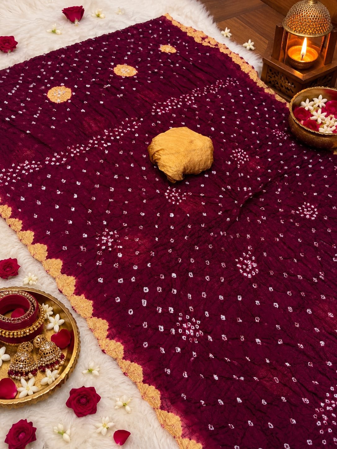 Jodhpuri Bandhani Saree in Nazneen Chiffon 8 A beautiful bright blue Jodhpuri Bandhani saree made of Nazneen chiffon displayed with traditional decor, flowers, and bangles.