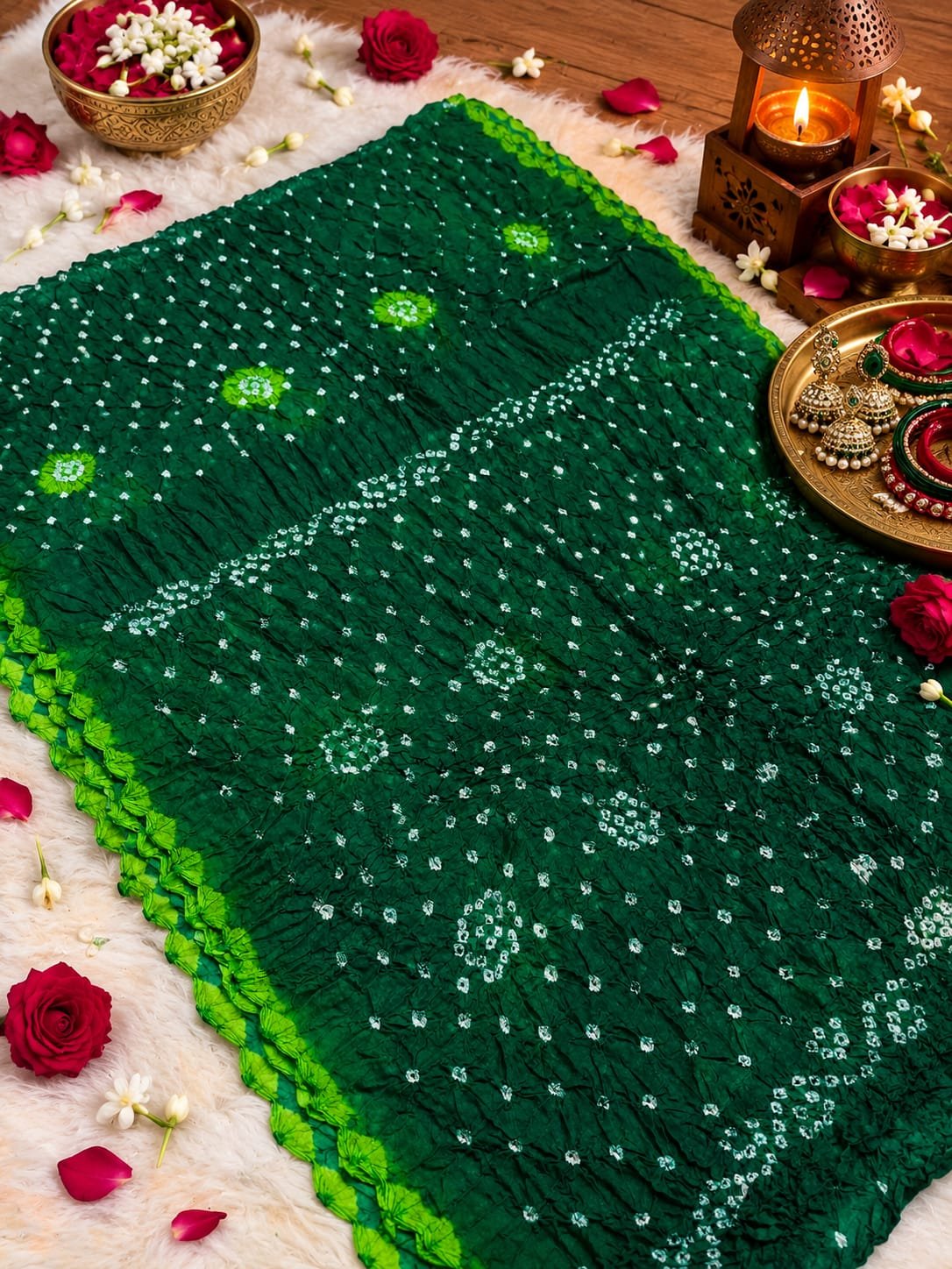 Jodhpuri Bandhani Saree in Nazneen Chiffon 9 A beautiful bright blue Jodhpuri Bandhani saree made of Nazneen chiffon displayed with traditional decor, flowers, and bangles.