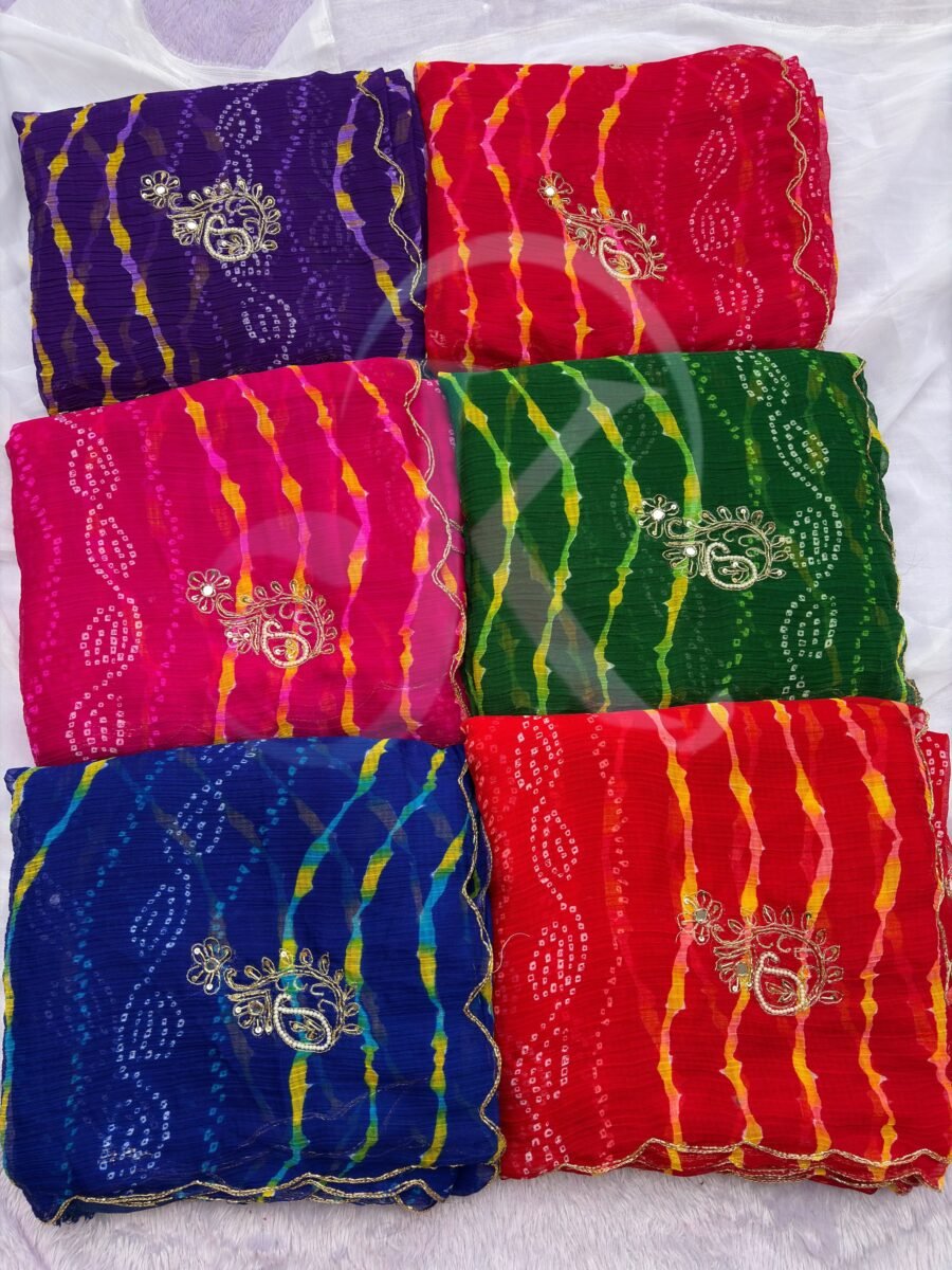 A collection of beautiful Leheriya Chiffon sarees in vibrant colours with intricate gold handwork and borders.