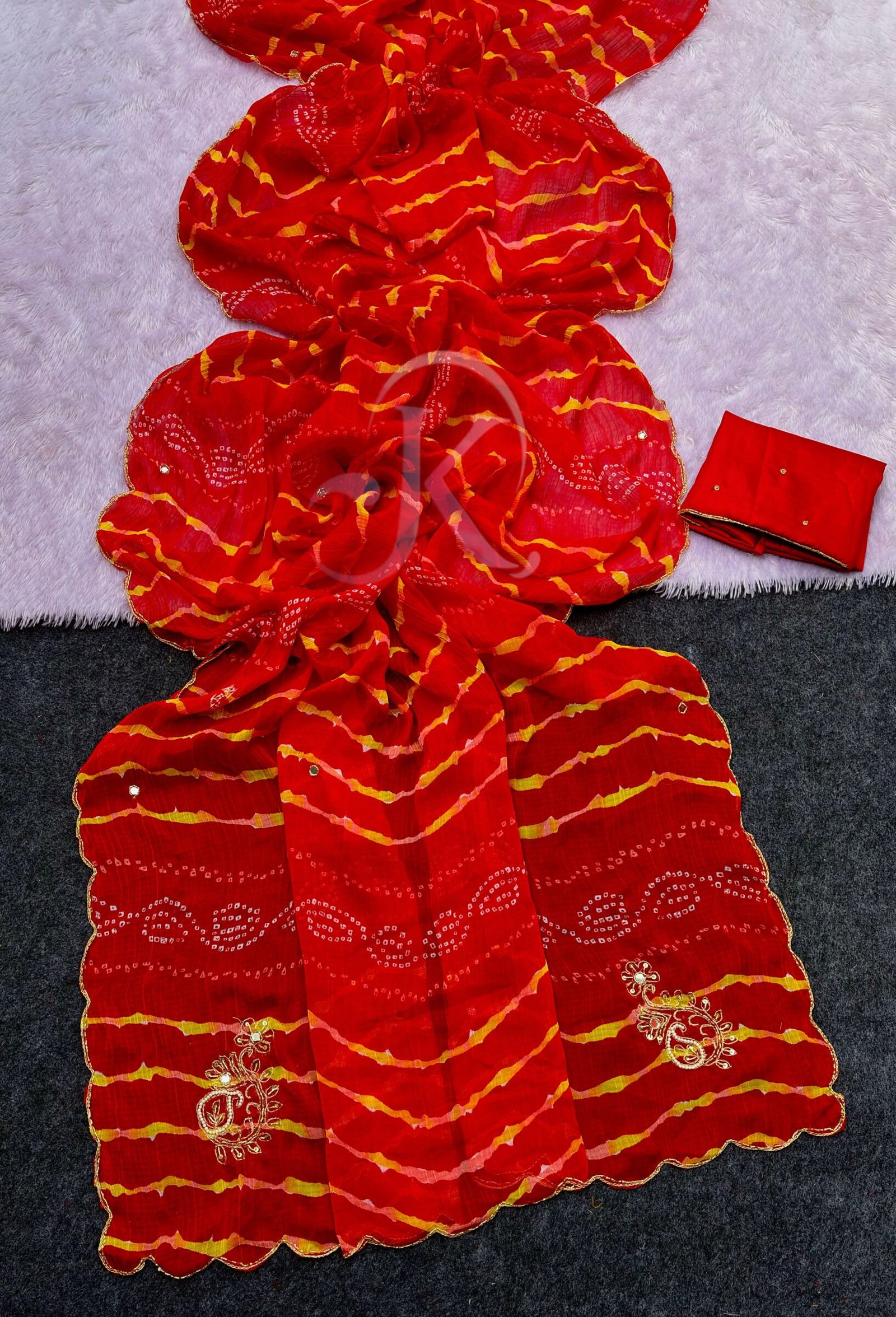 Designer Leheriya Chiffon Saree with Handwork 2 A collage showing six vibrant Leheriya print sarees in different colors with detailed hand-embroidered borders and work.