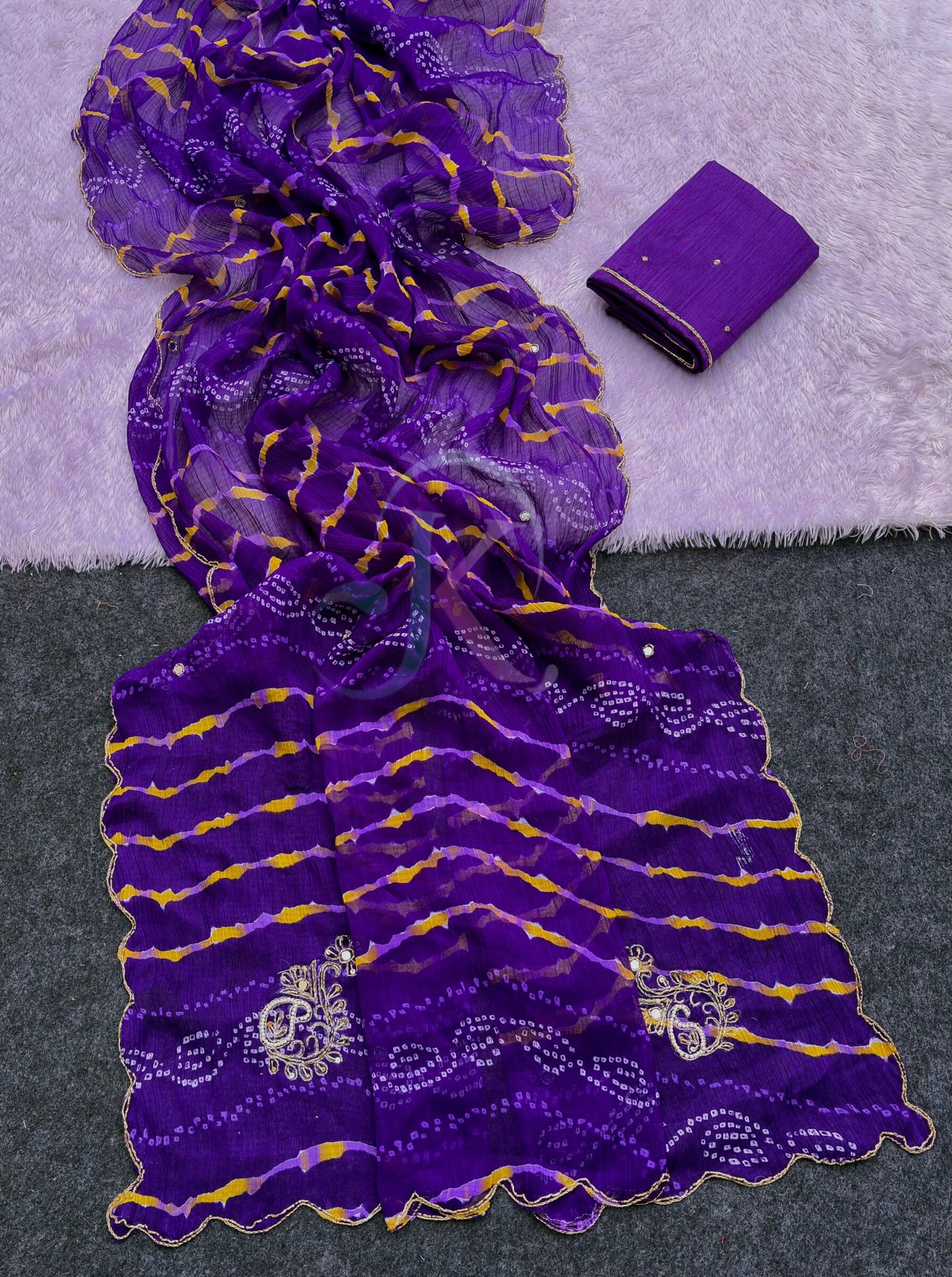 Designer Leheriya Chiffon Saree with Handwork 3 A collage showing six vibrant Leheriya print sarees in different colors with detailed hand-embroidered borders and work.