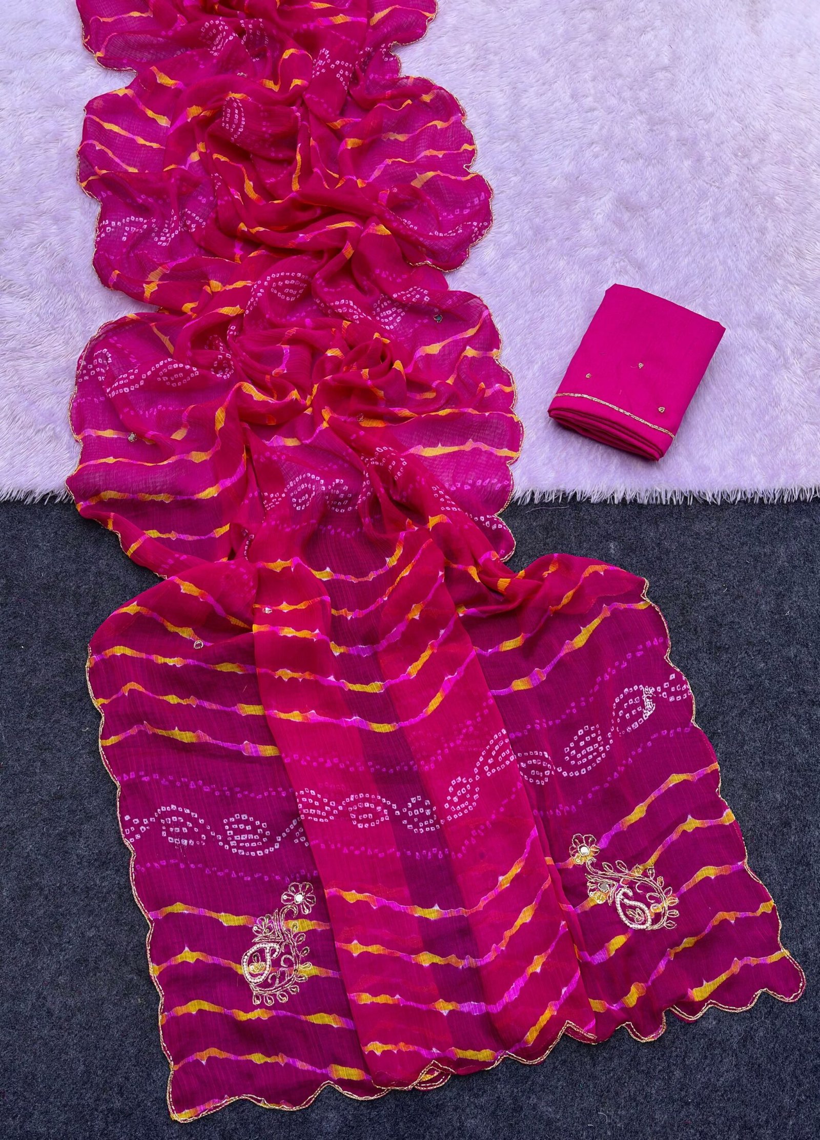 Designer Leheriya Chiffon Saree with Handwork 6 A collage showing six vibrant Leheriya print sarees in different colors with detailed hand-embroidered borders and work.