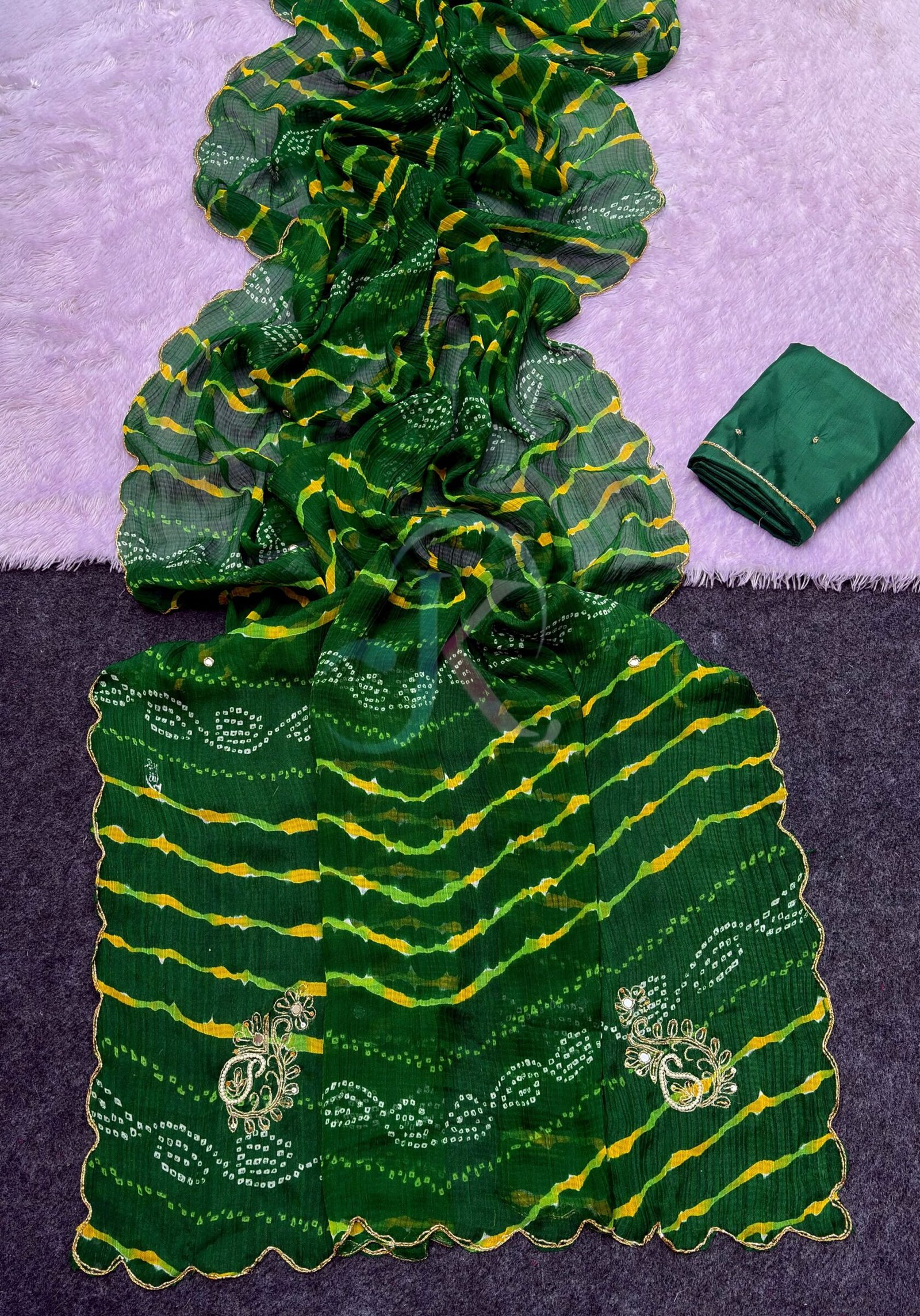 Designer Leheriya Chiffon Saree with Handwork 7 A collage showing six vibrant Leheriya print sarees in different colors with detailed hand-embroidered borders and work.
