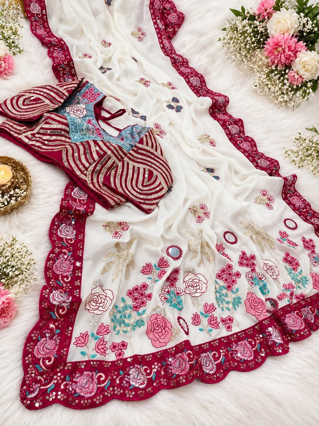 Premium Rangoli Silk Saree with Fully Stitched Blouse 2 A beautiful white and maroon Rangoli Silk saree displayed with a heavy embroidered stitched blouse on a silver tray.
