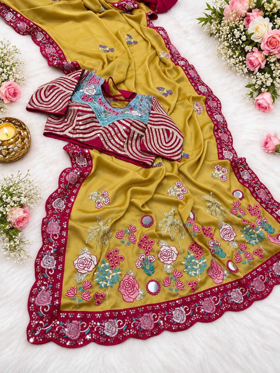 Premium Rangoli Silk Saree with Fully Stitched Blouse 3 A beautiful white and maroon Rangoli Silk saree displayed with a heavy embroidered stitched blouse on a silver tray.