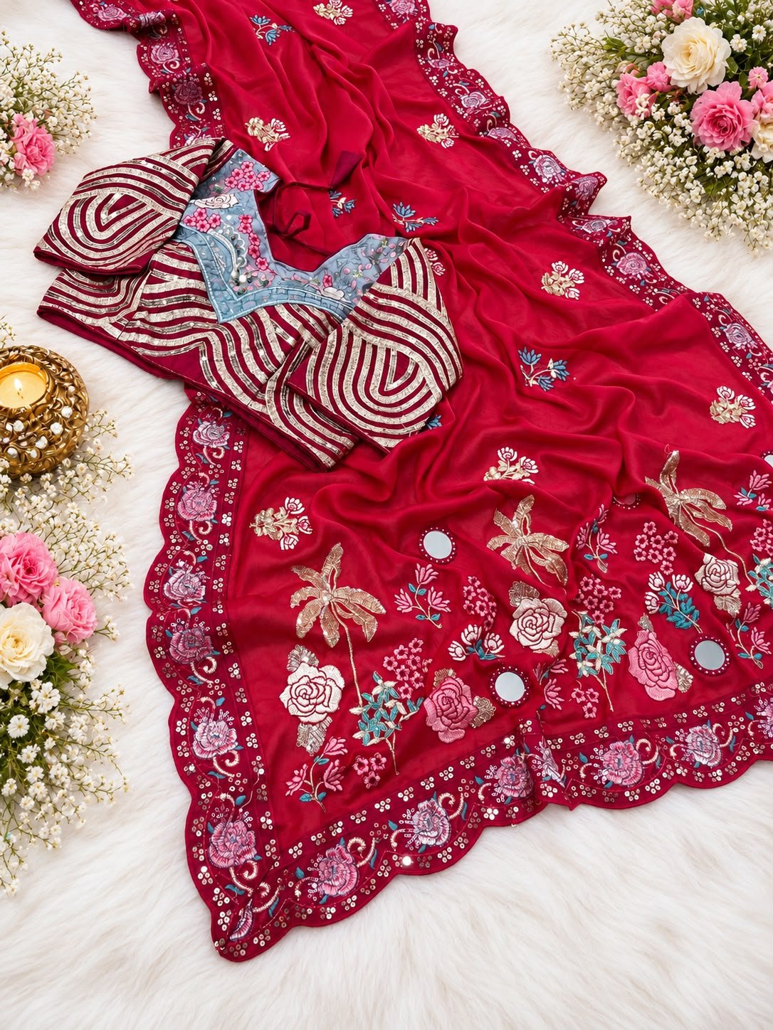 Premium Rangoli Silk Saree with Fully Stitched Blouse 4 A beautiful white and maroon Rangoli Silk saree displayed with a heavy embroidered stitched blouse on a silver tray.
