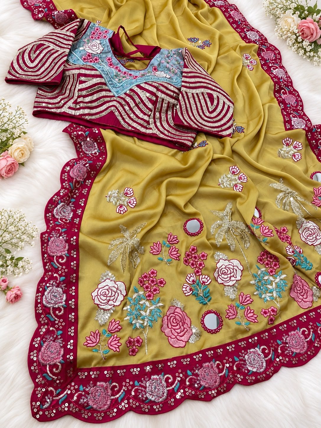 Premium Rangoli Silk Saree with Fully Stitched Blouse 5 A beautiful white and maroon Rangoli Silk saree displayed with a heavy embroidered stitched blouse on a silver tray.