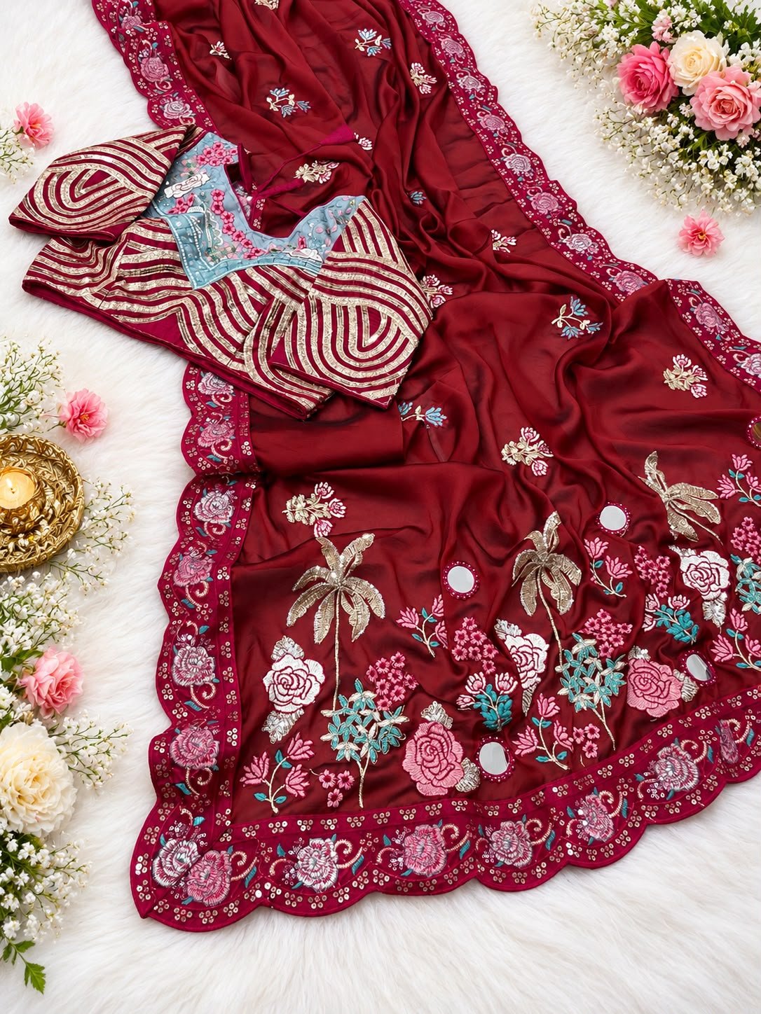 Premium Rangoli Silk Saree with Fully Stitched Blouse 6 A beautiful white and maroon Rangoli Silk saree displayed with a heavy embroidered stitched blouse on a silver tray.